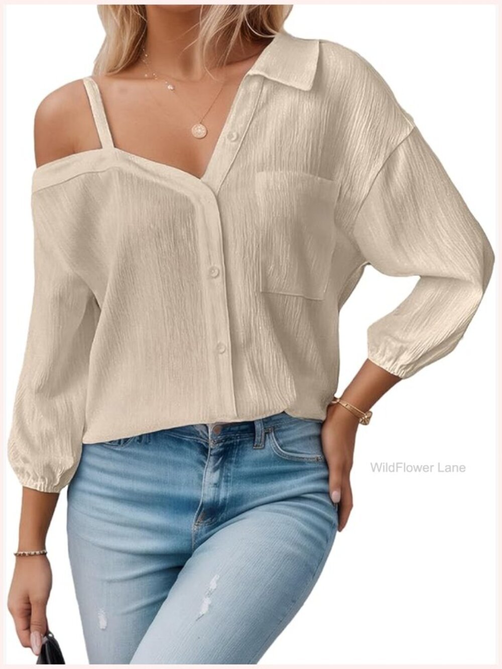 Women's Off Shoulder 3/4 Sleeve Blouse Button Down V-Neck Casual Top